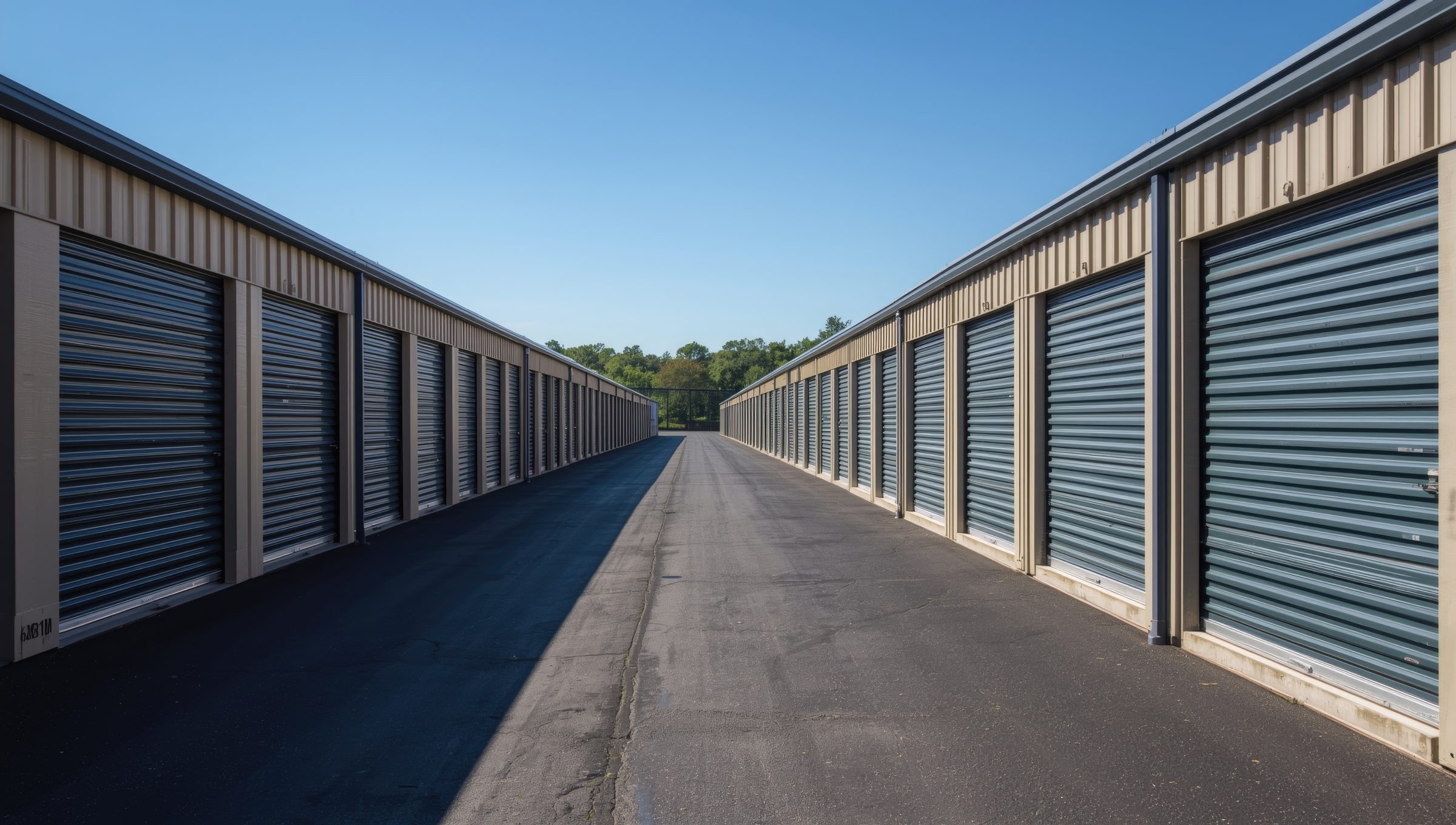 A long row of roll-up storage unit doors at Shenandoah Storage.