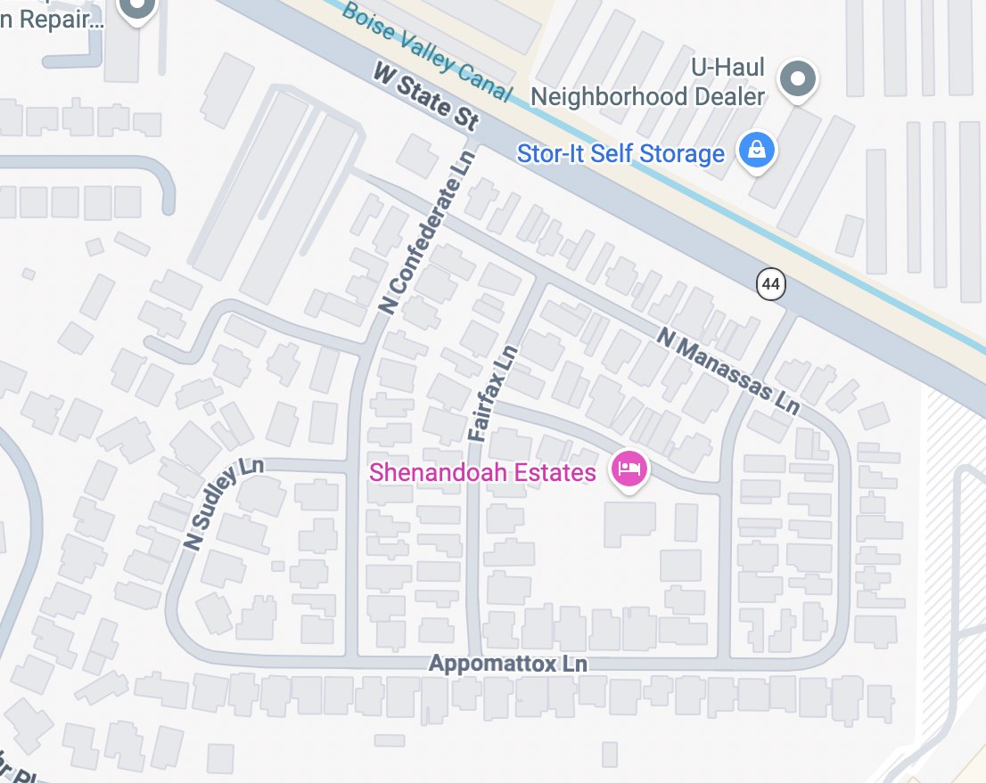 Map showing Shenandoah Estates off W State St in Northwest Boise.
