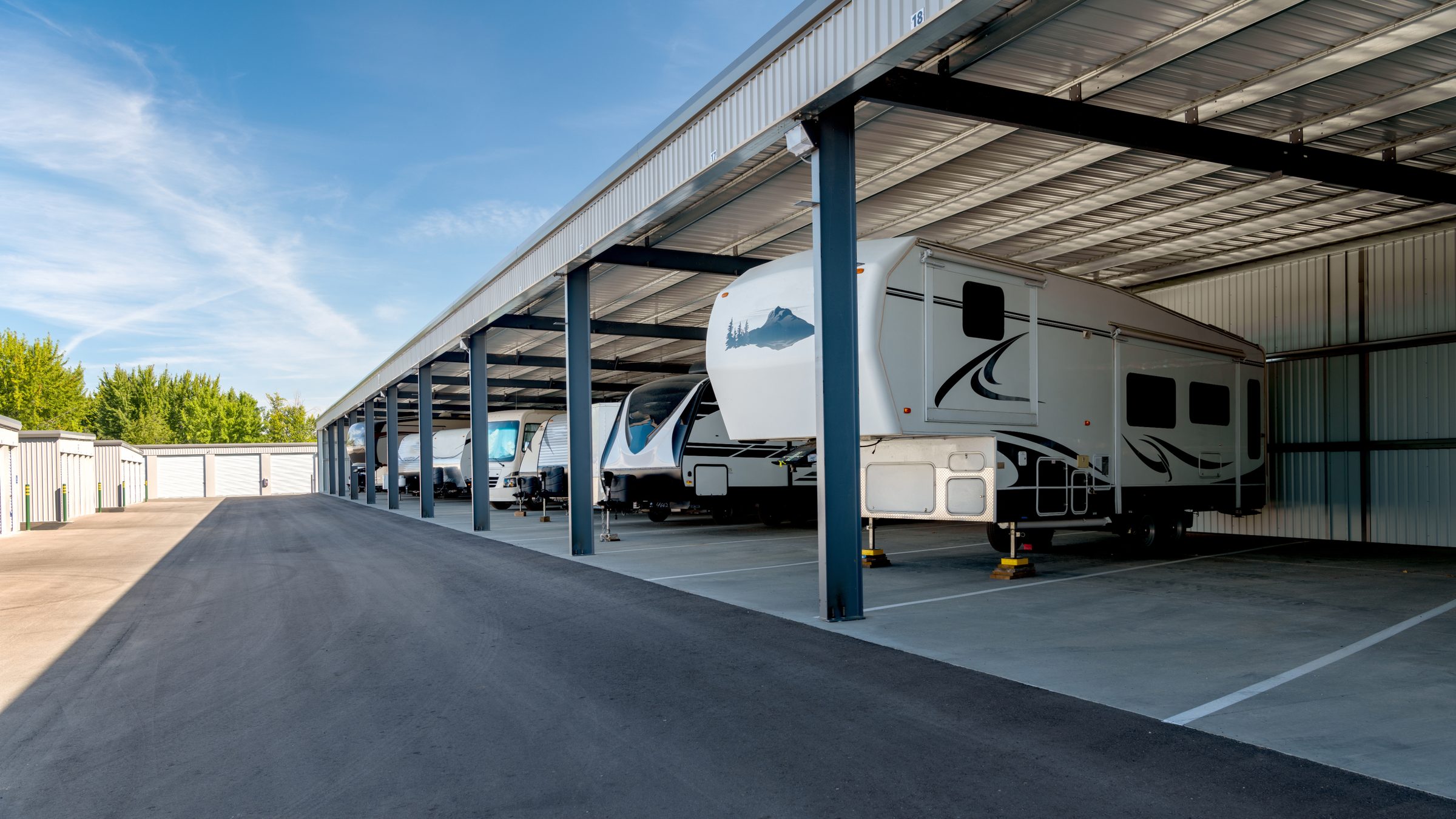 RVs parked under the covered storage at Shenandoah Storage.
